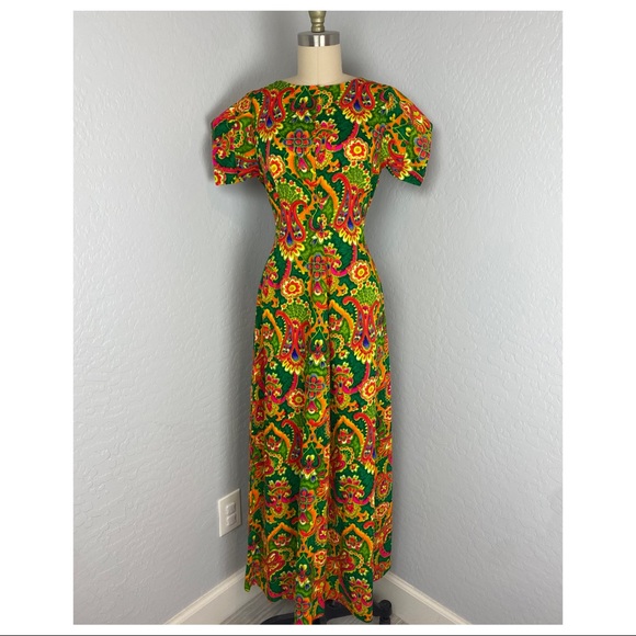 Homemade Bright Orange Yellow & Green Floral + Paisley Maxi Dress - Picture 1 of 4
